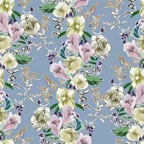Keep Trying Floral Pattern Large Vertical Fashion Apparel Quilting Fabric Wallpaper Smokey Blue