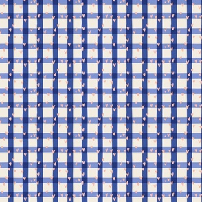 Blue grid with small pink hearts on white