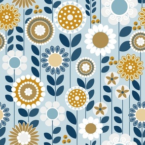 Peaceful, Folksy Floral / Folk Art / Blue Mustard / Large