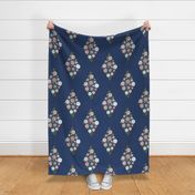 extra- large floral diamond - pink, grey and light blue on navy