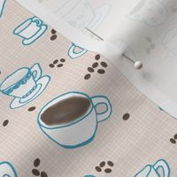 Coffee Cups and Beans blue and white on cream