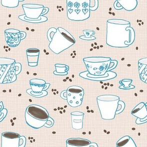 Coffee Cups and Beans blue and white on cream