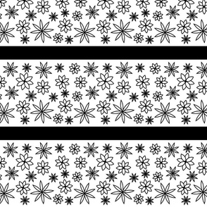 Horizontal Stripe Line Art - Black stripe and flowers on a White Background
