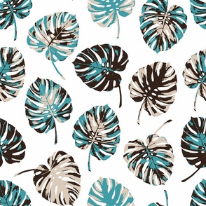 Boho painted Monstera leaves teal brown