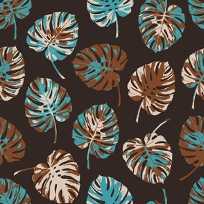 Painted Monstera leaves teal brown