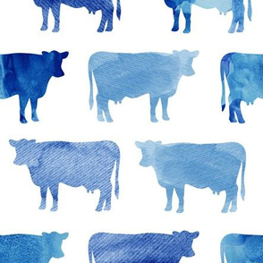 blue watercolor cows