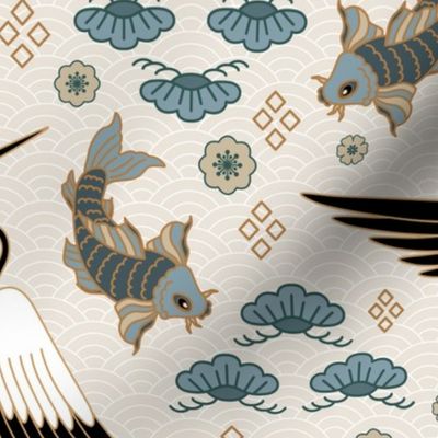 blue grey - cranes vintage asian style