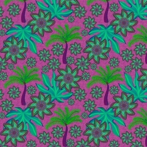Tropical tree ferns and leaves leaves botanical with mandalas flowers half drop small purples turquoise, greens  and pinks
