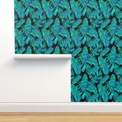 Dark Tropical Monstera Leaf Pattern Black and Blue