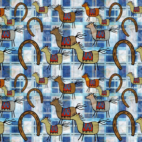 Horseshoes and a herd of horses on plaid