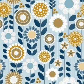 Peaceful, Folksy Floral / Folk Art / Blue Mustard / Small