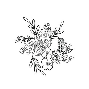 New Creation Butterflies Ferns Flowers Embroidery Template Test Swatch Size Project Black and White Sketchbook Illustration 