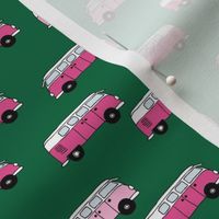 Little retro style hand drawn camper van design summer happy camper for girls green pink