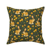 California Poppies and Cottontail Bunnies - dark green grey