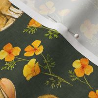 California Poppies and Cottontail Bunnies - dark green grey