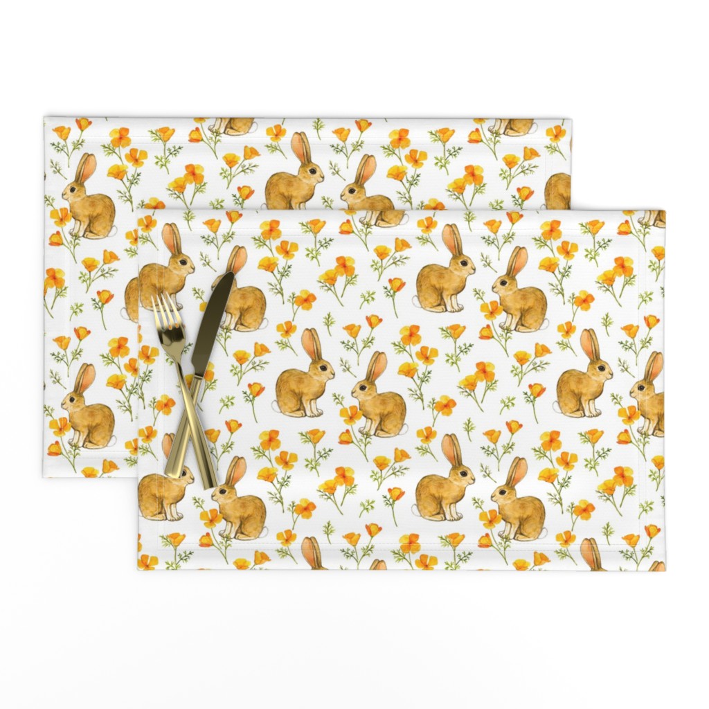 California Poppies and Cottontail Bunnies on white