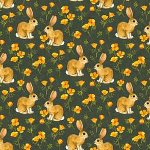 California Poppies and Cottontail Bunnies - dark green grey, tiny