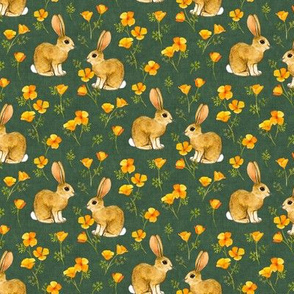 California Poppies and Cottontail Bunnies - hunter green, tiny