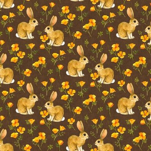 California Poppies and Cottontail Bunnies - warm brown, tiny