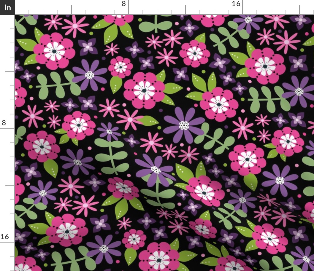 Large Scale Pink and Purple Floral on Black