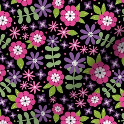 Medium Scale Pink and Purple Floral on Black