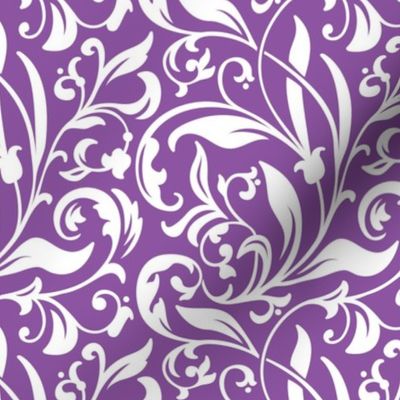 Medium Scale Floral Damask - White on Purple