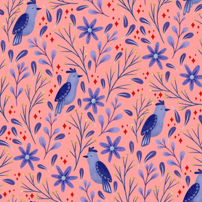 Folk Birds | Coral and Blue