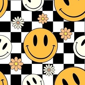Bigger Retro Smiley Faces Daisy Flowers on Black and White Checkers