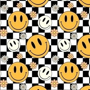 Smaller Retro Smiley Faces Daisy Flowers on Black and White Checkers