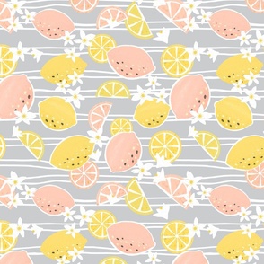 Pink and yellow lemons on grey