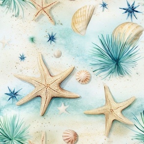 Bigger Watercolor Coral Reef with Starfish and Seashells