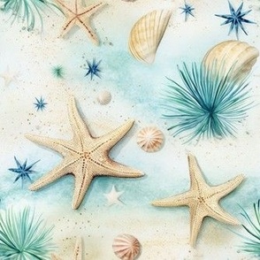 Smaller Watercolor Coral Reef with Starfish and Seashells