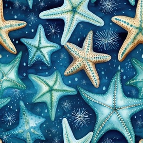 Bigger Watercolor Starfish in the Deep Blue Ocean