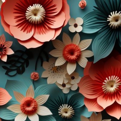 Bigger 3D Flowers in Coral Turquoise and Ivory