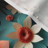 Bigger 3D Flowers in Coral Turquoise and Ivory
