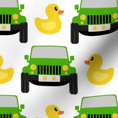 Large Green Jeep Cars and Yellow Rubber Ducks
