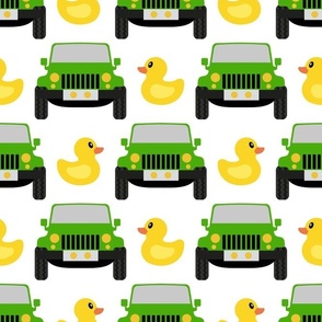 Large Green Jeep Cars and Yellow Rubber Ducks