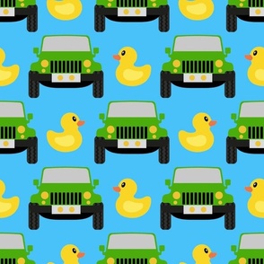 Large Green Jeep Cars and Yellow Rubber Ducks