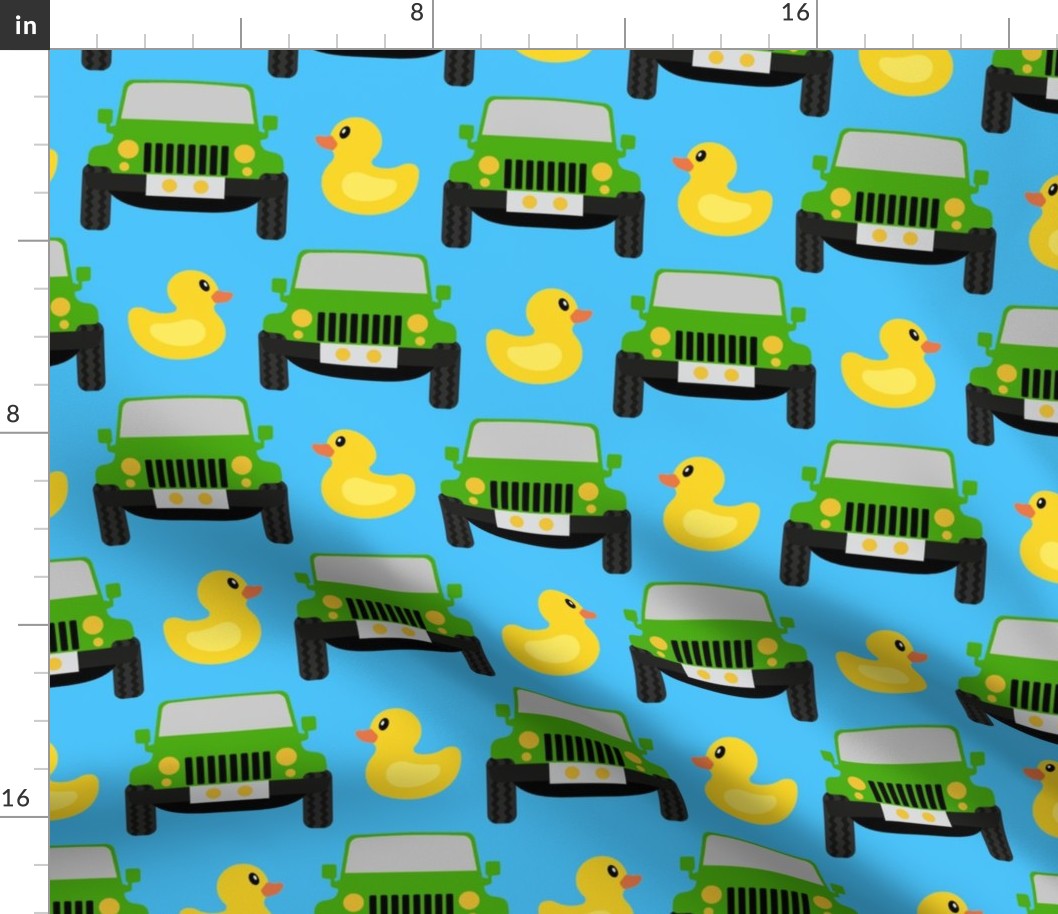 Large Green Jeep Cars and Yellow Rubber Ducks