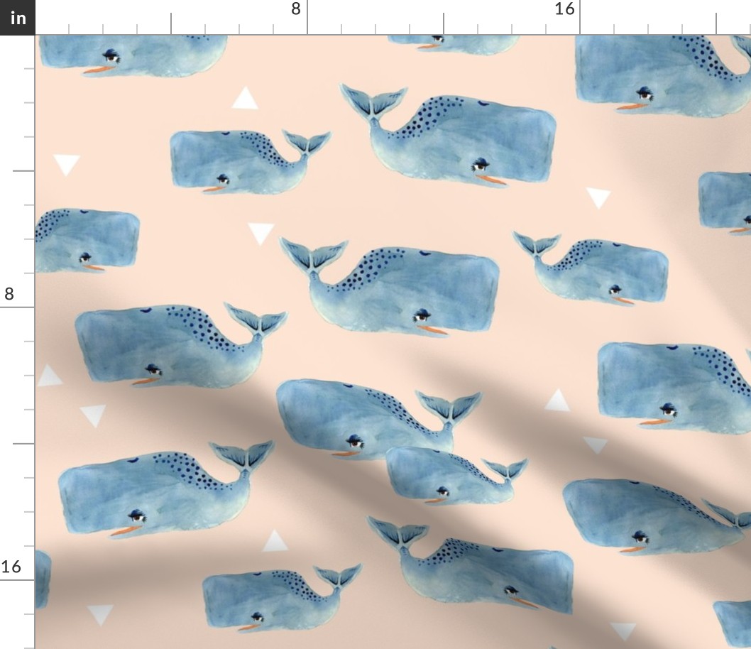 Medium - Whale Pod with Triangles on Pink