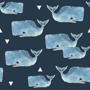 Medium - Whale Pod with Triangles on Navy