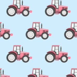 pink tractor on pale blue - farm fabric C21