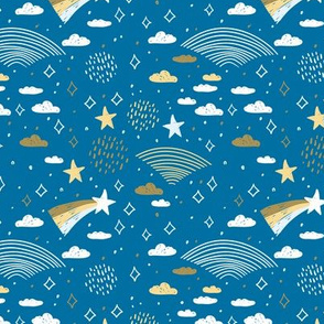magic tale rainbow abstract scales, sky clouds and stars, simple Nature doodle lines scandinavian style background. Nursery decor