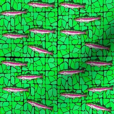 Mosaic Stained Glass 9 swimming trout on greens