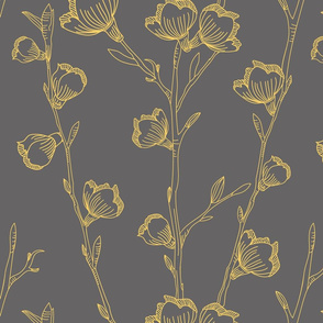 (large scale) minimal yellow gray cherry branches linear seamless pattern