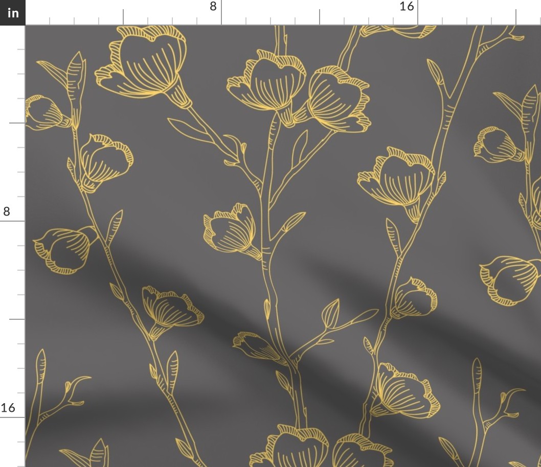 (large scale) minimal yellow gray cherry branches linear seamless pattern