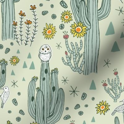 Home on the Saguaro, Owls and Cactus Desert Pattern, Light