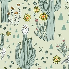 Home on the Saguaro, Owls and Cactus Desert Pattern, Light