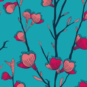 (large scale) teal blue pink cherry blossom branches, sakura pattern