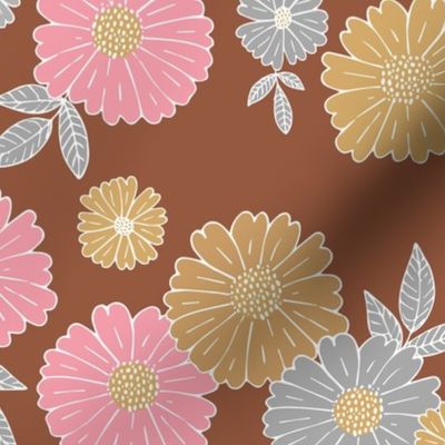 Romantic flower blossom flowers and leaves garden design neutral summer pink burnt orange beige gray LARGE